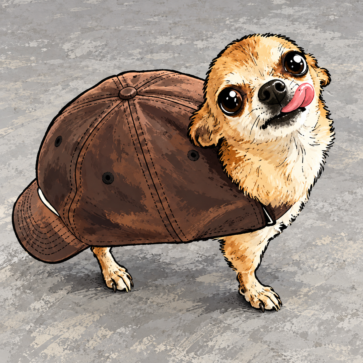 Illustrated chihuahua with a large brown cap and a playful tongue